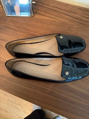Tory Burch Black Patent Leather Logo Loafers